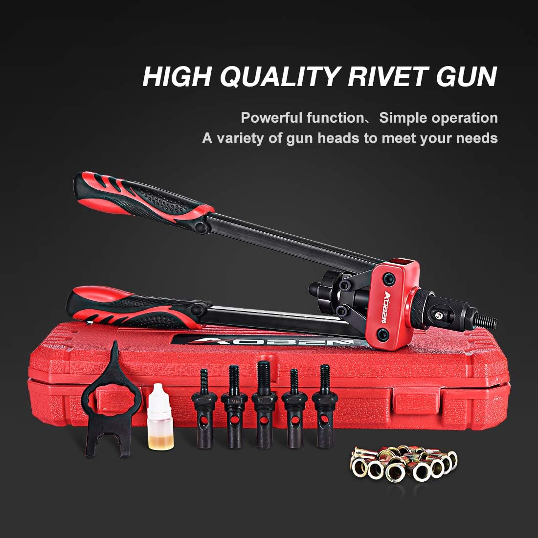 AOBEN 14" Rivet Nut Tool, Professional Hand Rivet Nut Setter Kit Labor-Saving and Compact Design Including 6 Interchangeable Mandrels 90pcs Rivnuts