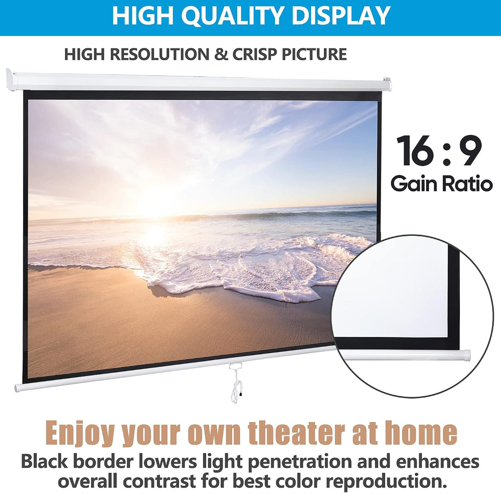 SUPER DEAL 100'' 16:9 HD Projection Screen Foldable Anti-Crease Portable Projector Movie Screen Manual Pull Down for Home Theater Presentation