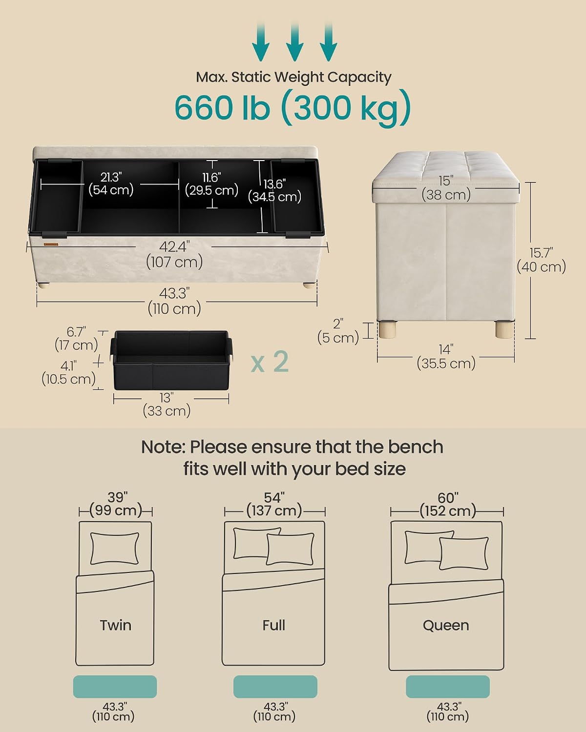 SONGMICS Storage Ottoman Bench with Legs, 43.3 Inches, 30 Gal. (112 L)