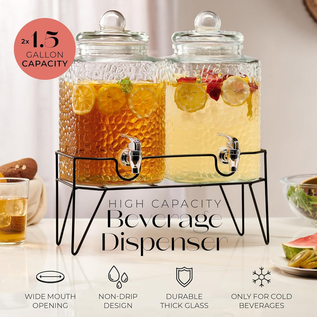 Style Setter Glass Beverage Drink Dispenser w/Metal Stand Set of 2, 1.5 Gal