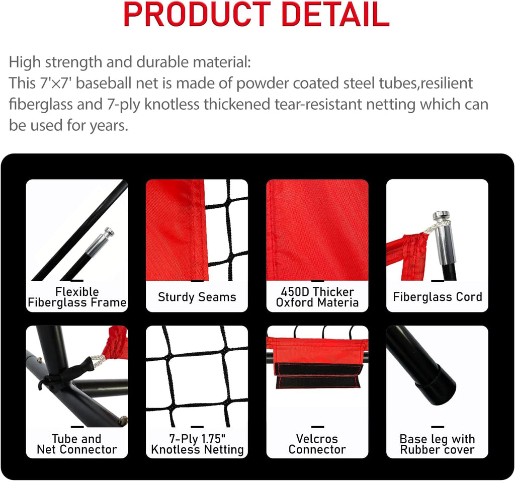 7x7 Ft Baseball and Softball Training Net with Batting Tee, Strike Zone Target, Portable Hitting and Pitching Practice Set