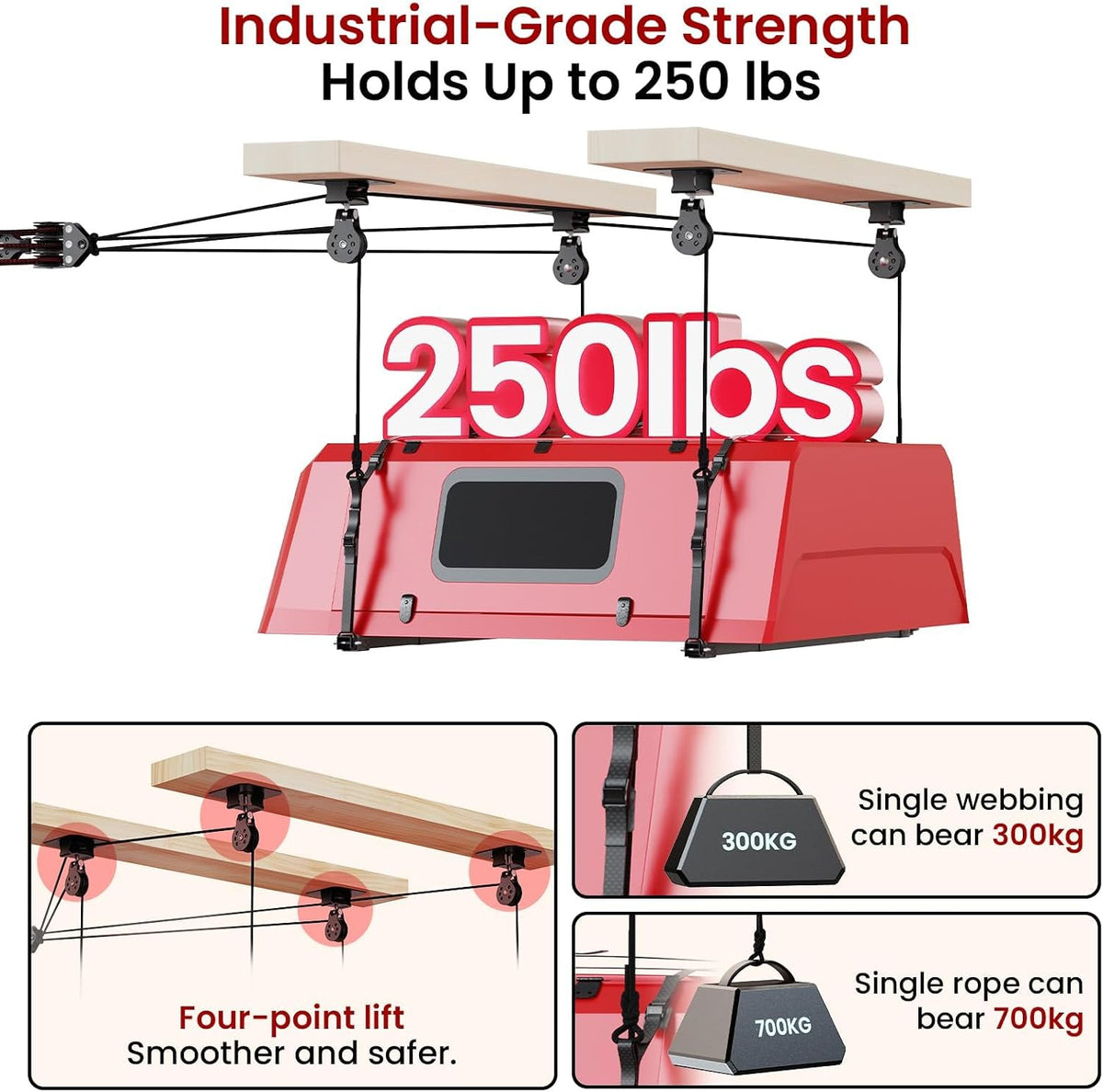 Truck Cap Hoist System for Garage Ceiling, Smart 4-Point Self-Leveling Garage Hoist with 8:1 Pulley Lift System, Easy One-Person Overhead Garage