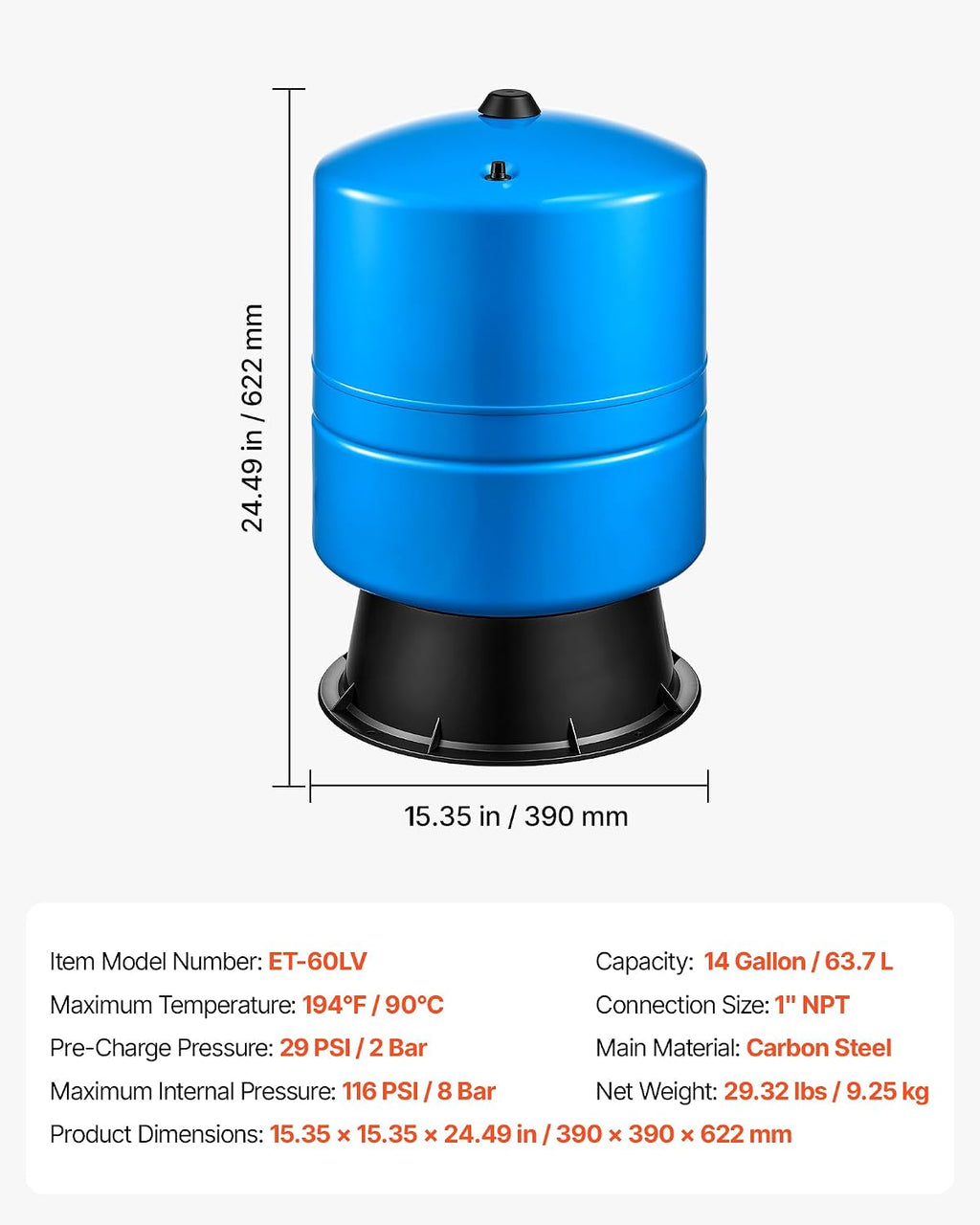 VEVOR 30-Gallon Vertical Well Pressure Tank, Pre-Charged Pressurized Water Tank for Well Pumps, Heavy-Duty Carbon Steel Water Storage Container for