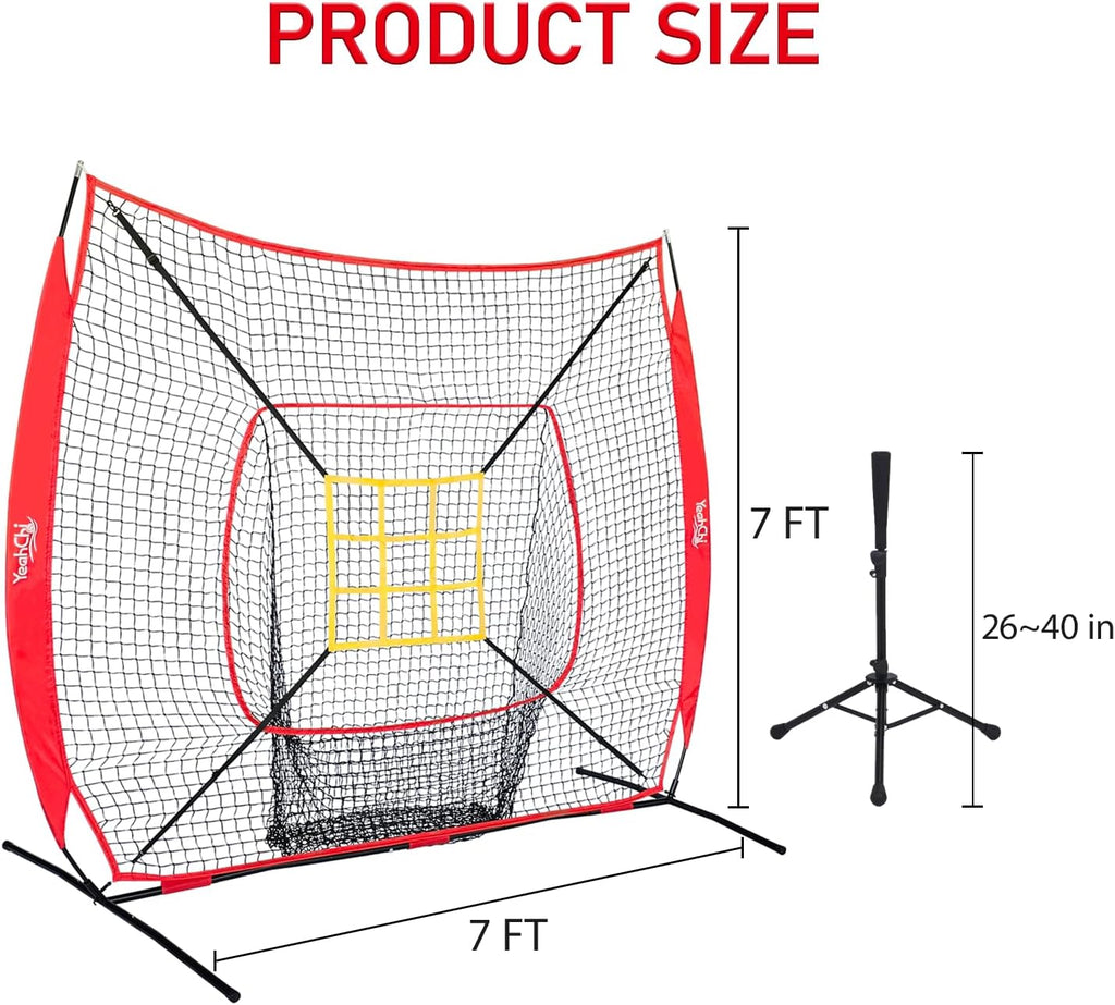 7x7 Ft Baseball and Softball Training Net with Batting Tee, Strike Zone Target, Portable Hitting and Pitching Practice Set