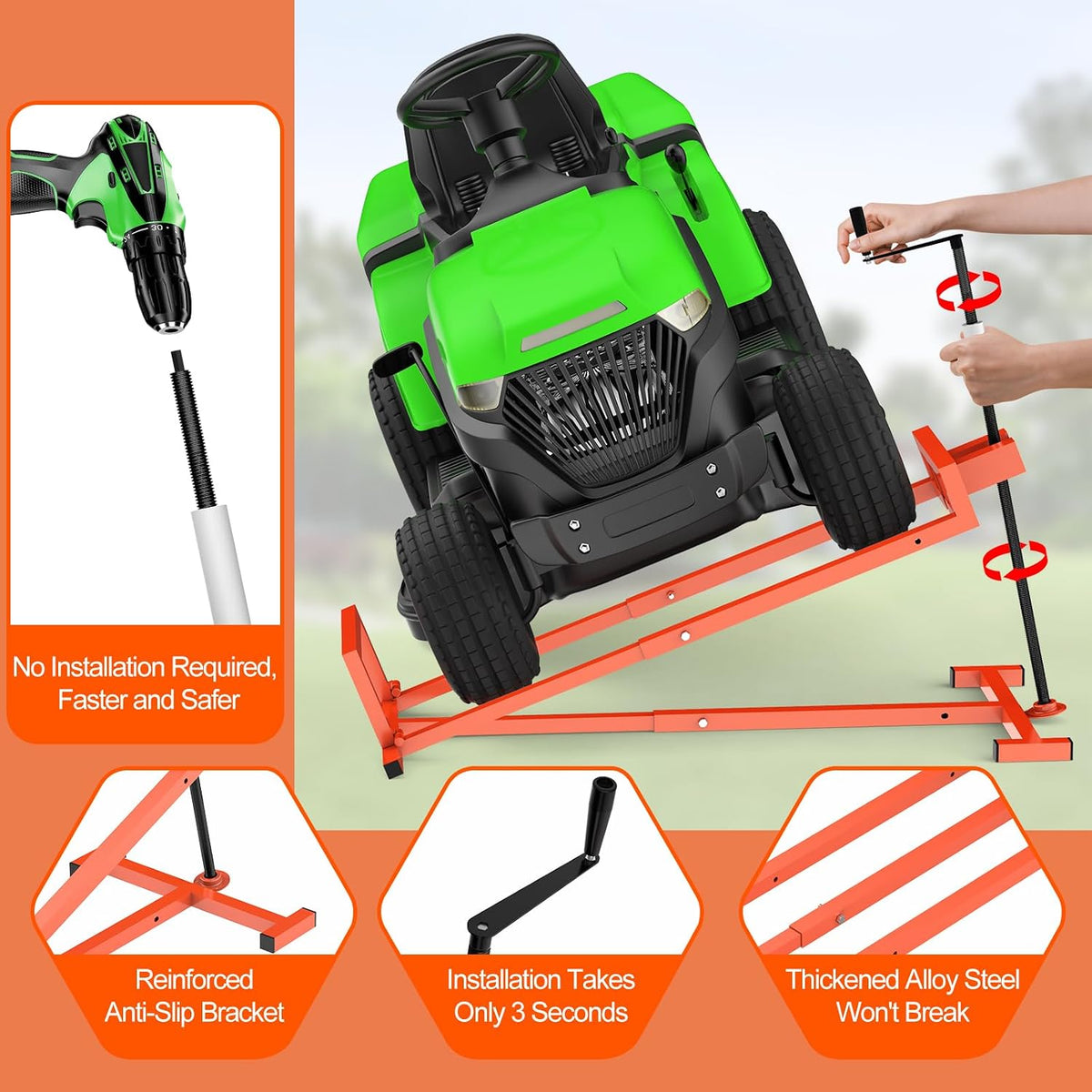 1400LB Lawn Tractor Lift Jack & Riding Mower Lift with Rotating Sleeve & Manual and Power Tool Handle, 3-Min Quick Setup, Anti-Slip Base, Heavy-Duty