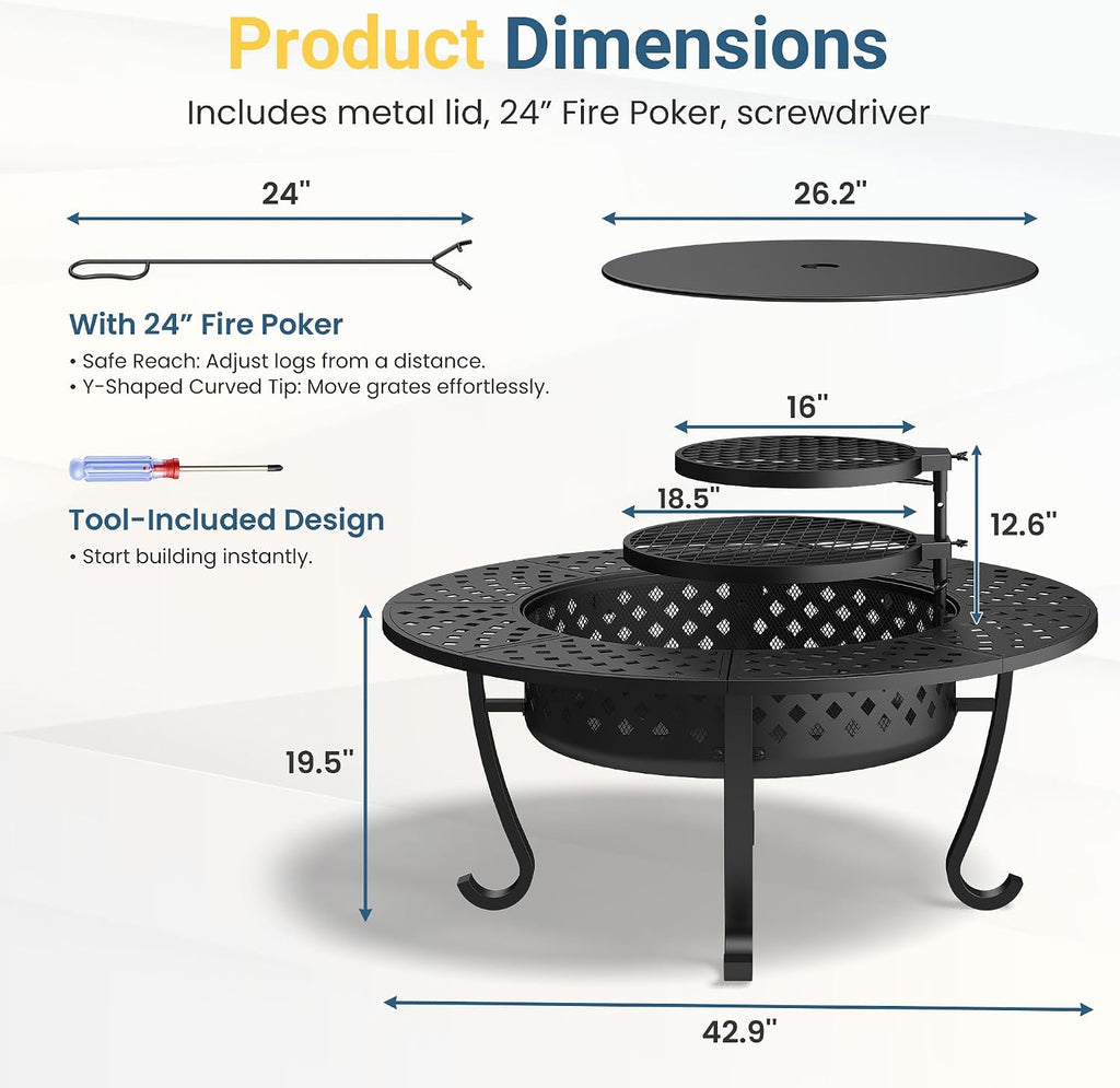43" Large Fire Pit for Outside with 2 Adjustable Grills,Lid & Fire Poker