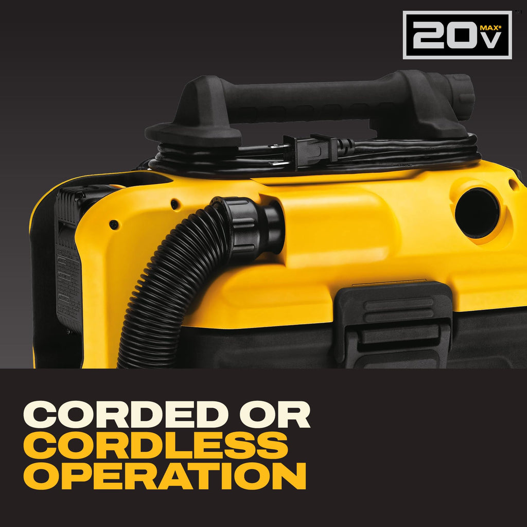DEWALT 20V MAX Shop Vacuum Wet and Dry, Shop Vac 2 Gallon, Cordless and Corded Wet Dry Vacuum Cleaner, Wide Nozzle, Hepa Filter, Tool Only (DCV581H)