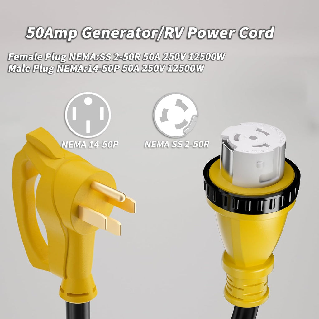 PlugSaf 50 Amp Generator Cord, 25FT 50 Amp RV Extension Cord 14-50P/SS2-50R