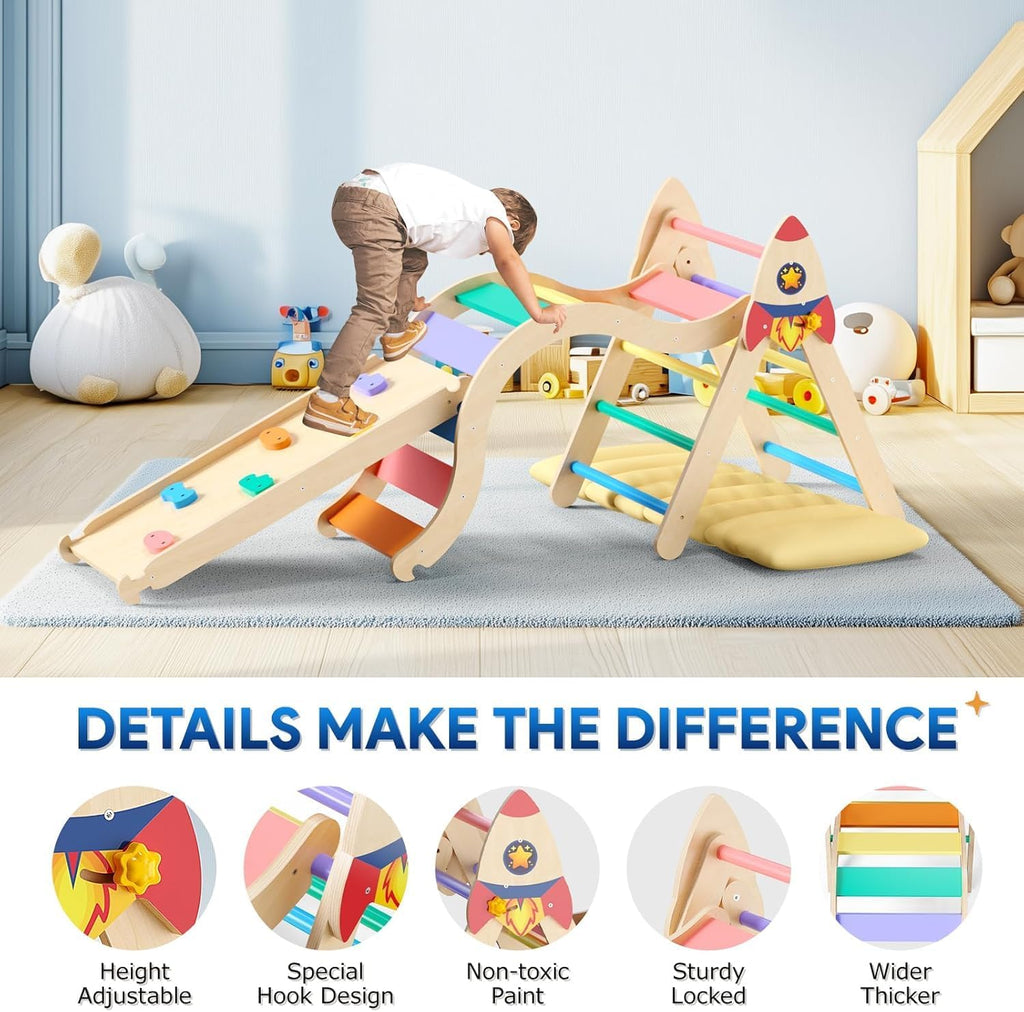 Pikler Triangle Set with Cushion, 9-in-1 Kids Climbing Toys for Toddlers 1-3 Inside, Montessori Toddler Climbing Toys Indoor, Large Wooden Pikler