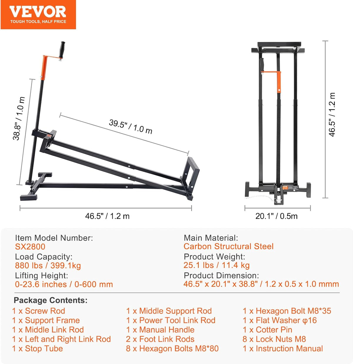 VEVOR Ride on Lawn Mower Lift Jack, 880 Lbs Weight Capacity, Telescopic Maintenance Jack with Crank Handle & Power Tool Handle, Foldable Lawn Tractor