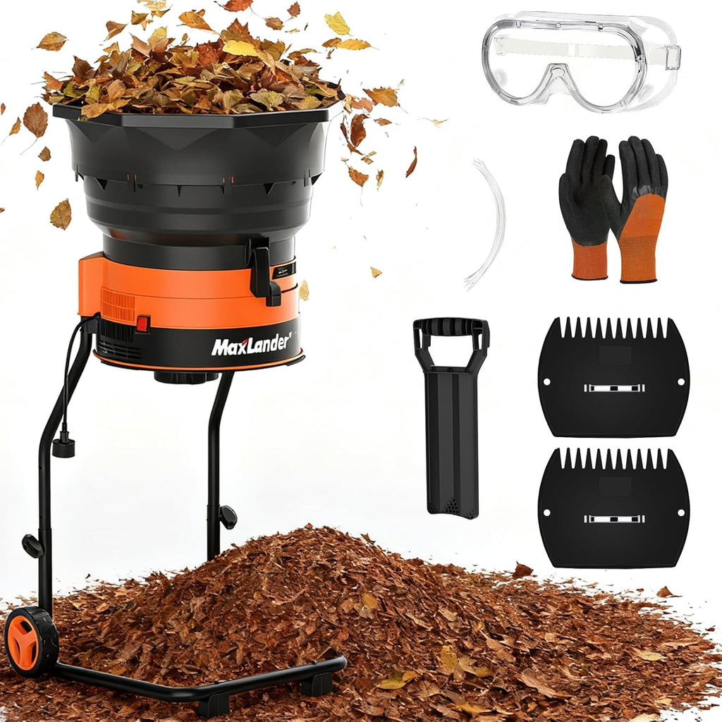 MAXLANDER Electric Leaf Mulcher/Shredder, 15 Amp 8400 RPM, 18:1 Ratio, Adjustable Dial, with Goggles, Leaf Scoops/Gloves, 20 Cutting Lines-Portable