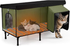 Heated Cat House for Outside, Insulated Large Elevated Waterproof Feral Cat Shelter with Heated Pad, Safe Escape Door All-Round Insulated Cotton and