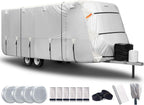 FRUNO Oxford Fabric Travel Trailer Cover RV Cover 24'-27' Waterproof Rip-Resistant Anti-UV Camper Cover for Winter Snow with Jack Cover 4 Tire Covers