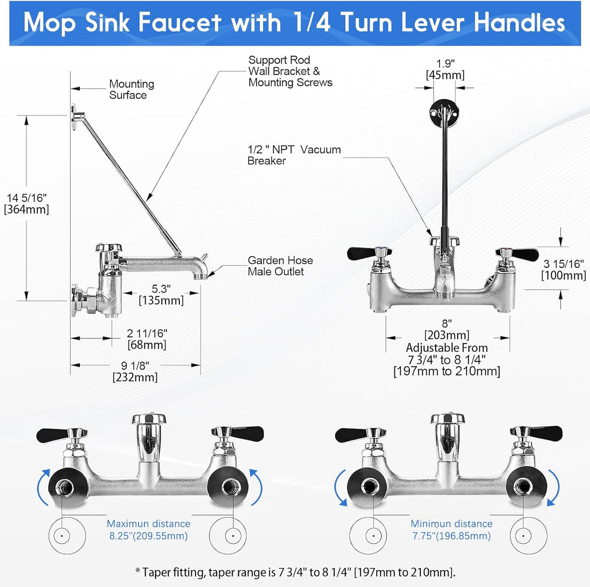 Commercial Mop Sink Faucet with Vacuum Breaker, Wall Mount 8" Center