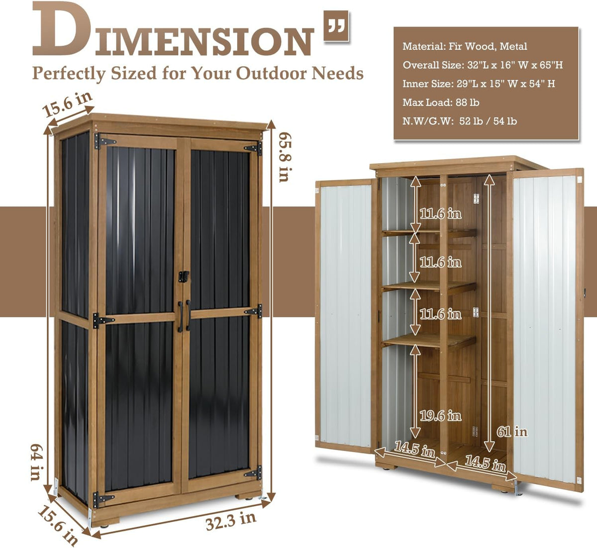 Outdoor Storage Cabinet with Shelves, Weatherproof Tool Shed for Patio