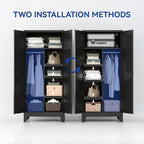 COFaR Wardrobe Closet with Doors, Metal Bedroom Armoire with Adjustable Hanging Rod and Shelves, Farmhouse Broom Closet Storage Cabinet for Garage