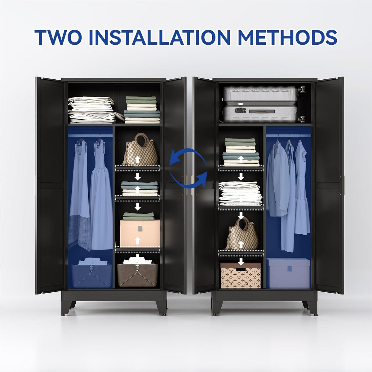 COFaR Wardrobe Closet with Doors, Metal Bedroom Armoire with Adjustable Hanging Rod and Shelves, Farmhouse Broom Closet Storage Cabinet for Garage