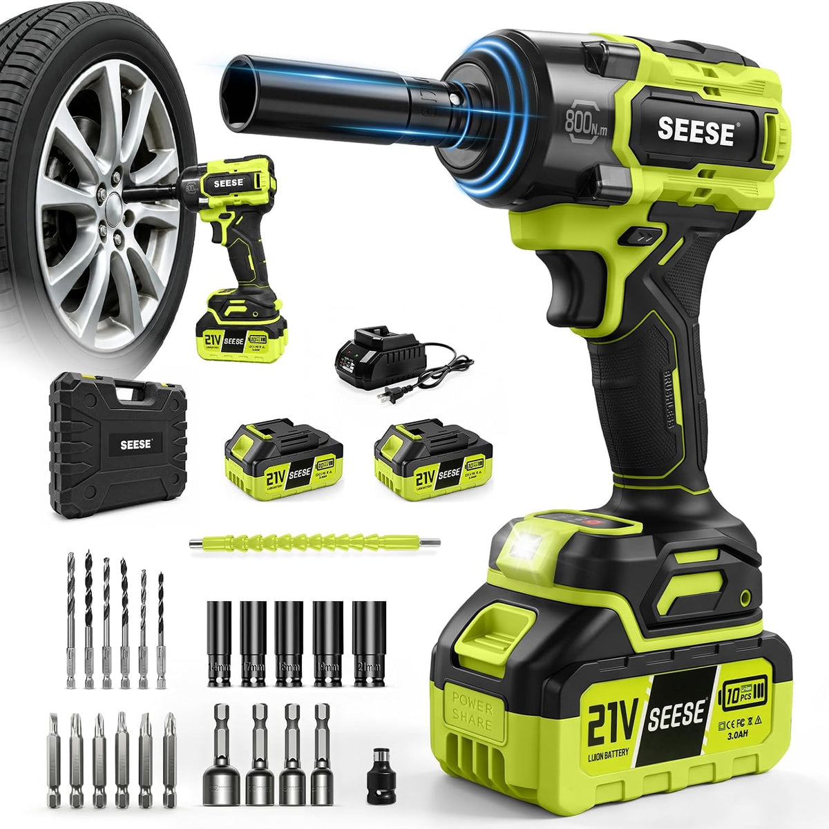 SEESE Cordless Impact Wrench Kit: 590 Ft-lbs(800N.m) 3500IPM High Torque
