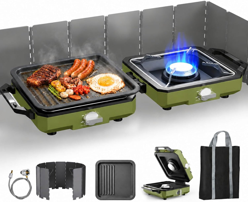 2 Burner Camping Stove with Windshield, 20000 BTU Propane Camp Stove, Portable Folding Gas Stove, Camping Essentials Gear Includes Frying Pan, Coffee