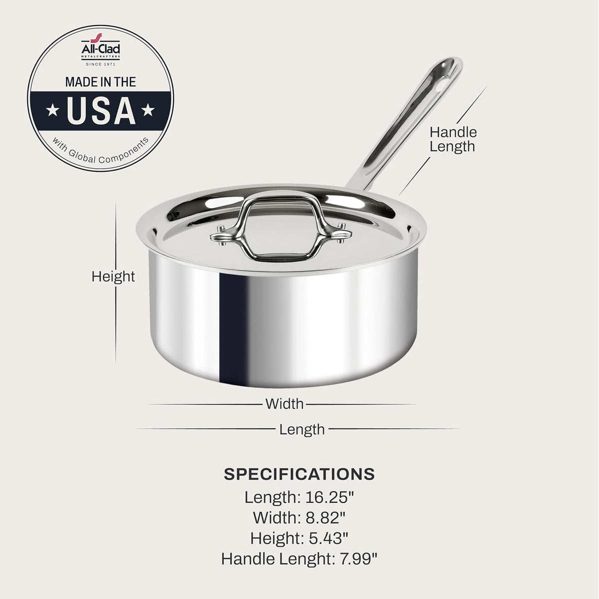 All-Clad D3® Stainless Steel 3 Qt Saucepan with Lid, Made in the USA