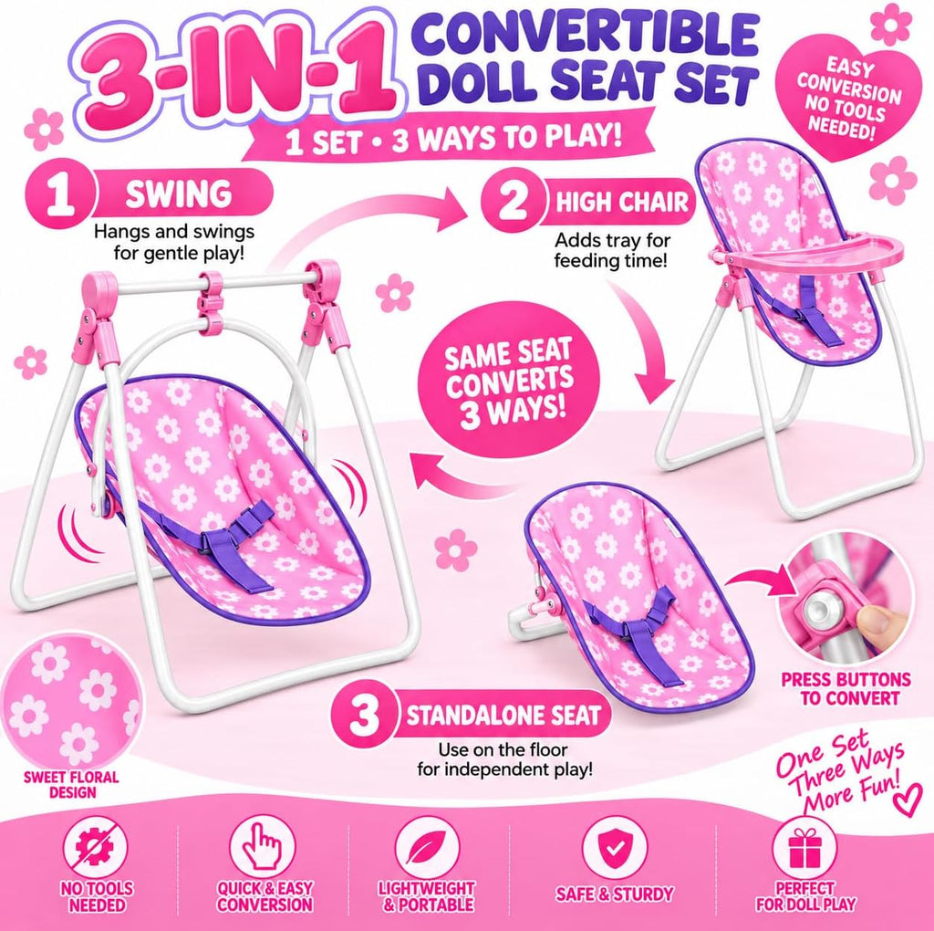 fash n kolor Baby Doll Stroller & Nursery Playset for 18 Inch Dolls – Convertible High Chair, Swing & Bed Doll Furniture Set with Diaper Bag