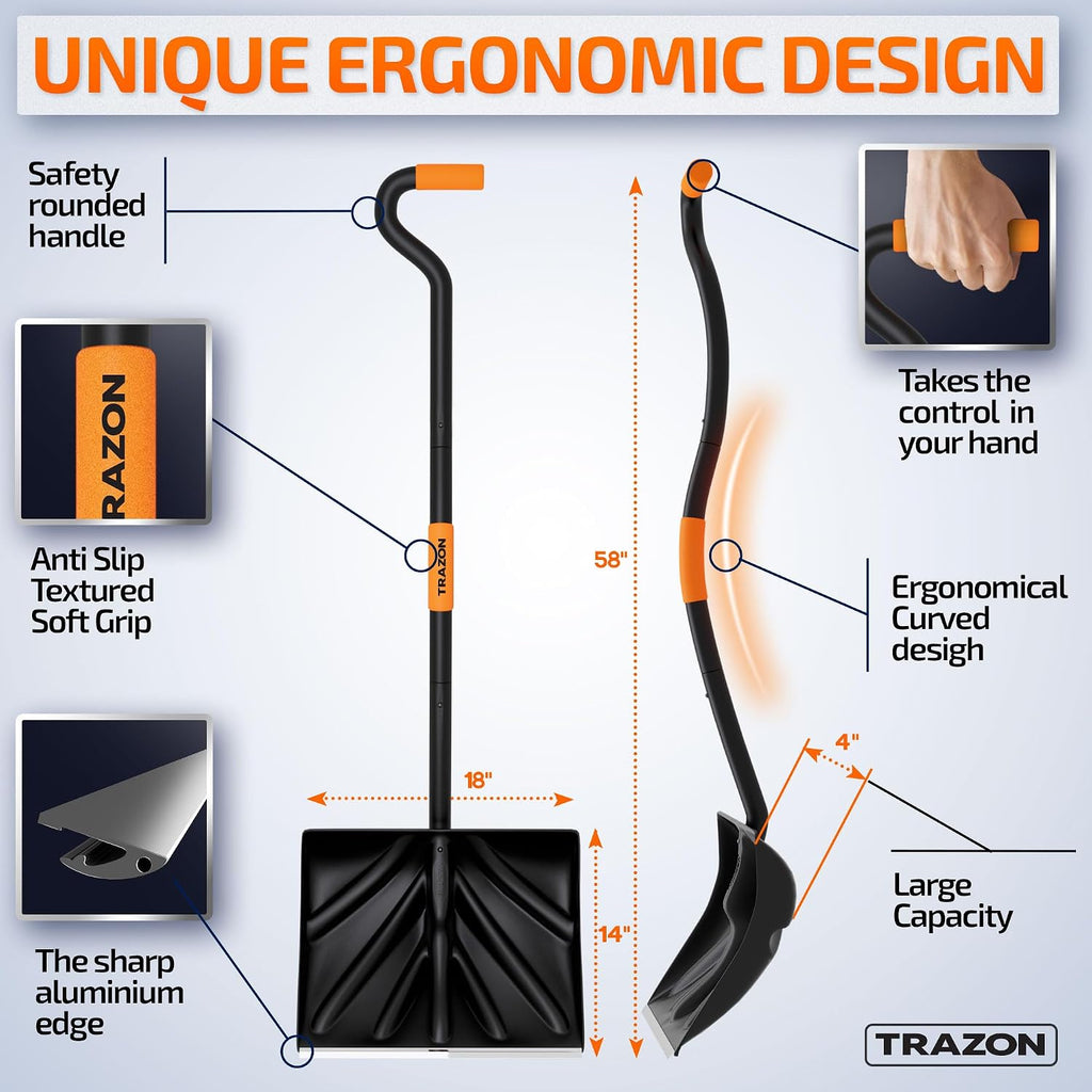 Snow Shovel Heavy Duty for Driveway with Ergonomic Handle to Use Without Backpain for Home Garage Car - Snow Shovel with 18 Inch Blade Large Capacity