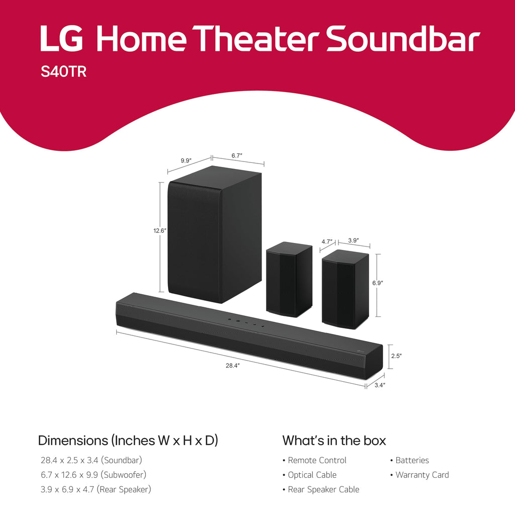 LG S40TR 4.1 ch. Home Theater Soundbar with Rear Surround Speakers and Wireless Subwoofer, Wow Interface, Dolby Audio, AI Sound Pro - Black
