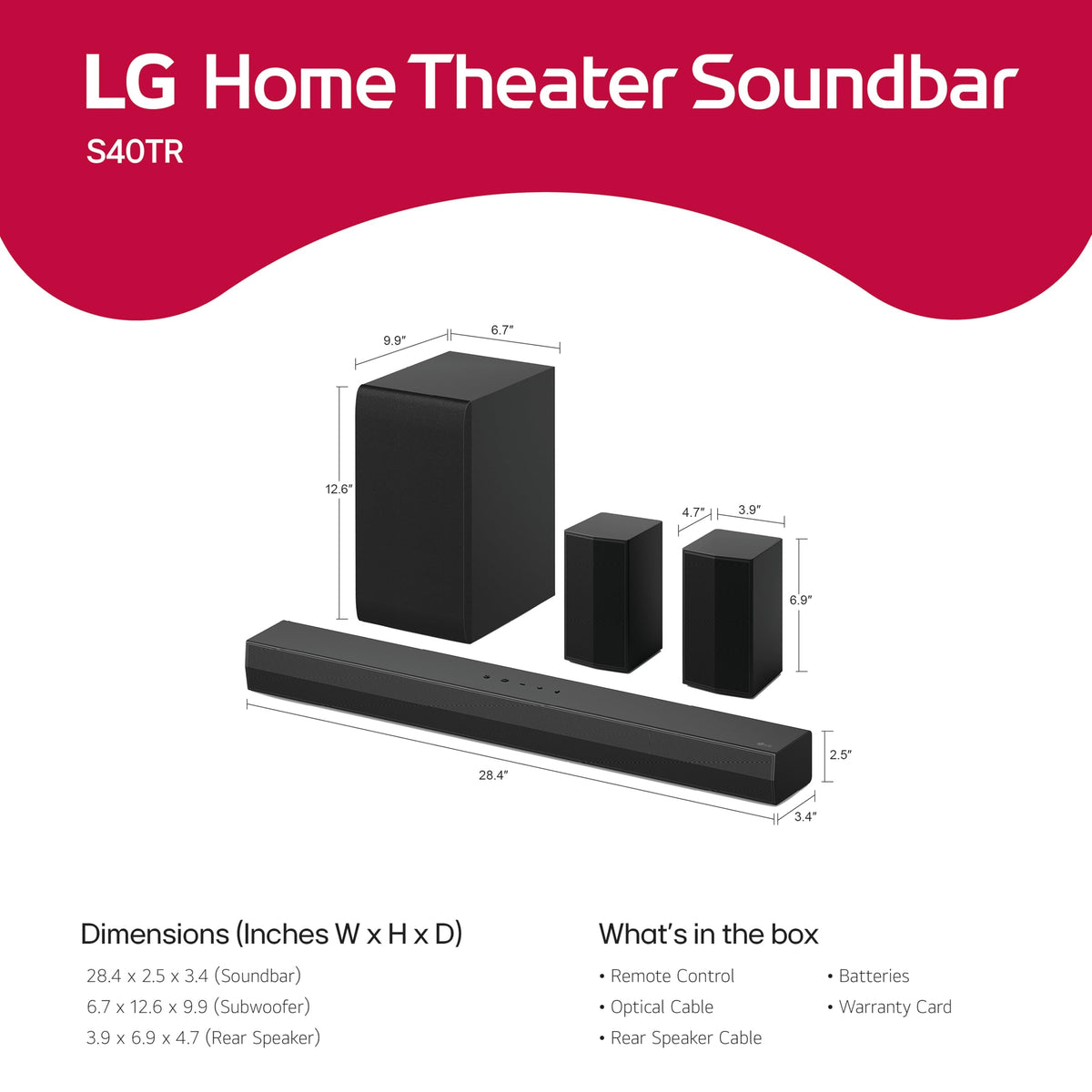 LG S40TR 4.1 ch. Home Theater Soundbar with Rear Surround Speakers and Wireless Subwoofer, Wow Interface, Dolby Audio, AI Sound Pro - Black