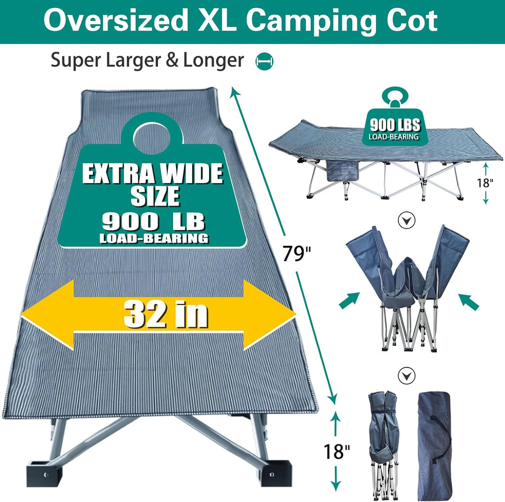 32" XXL Camping Cot with Mattress,900LBS Folding Camping Bed