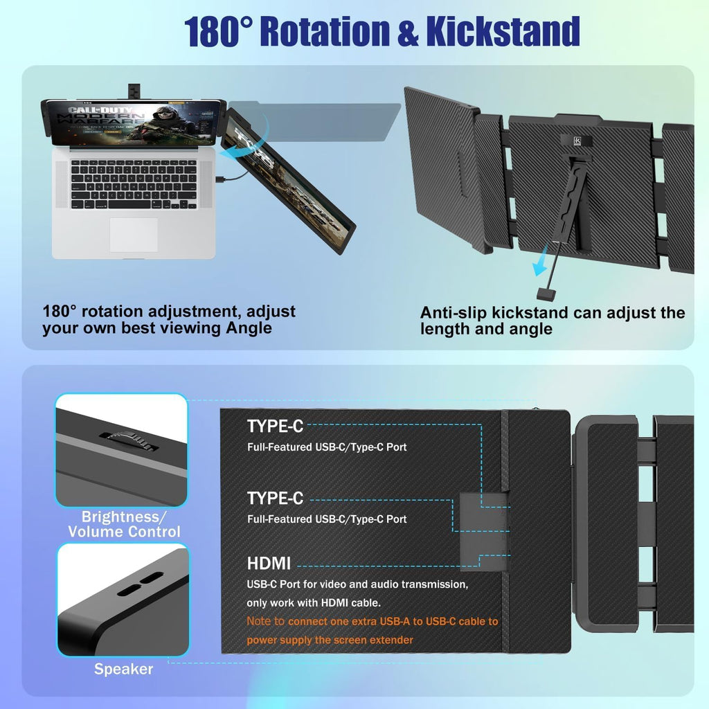 KEFEYA Laptop Screen Extender, 14" FHD 1080P IPS Laptop Monitor Extender Dual Screen, Portable Monitor for Laptops 13-17" with USB-C/HDMI Port, Plug