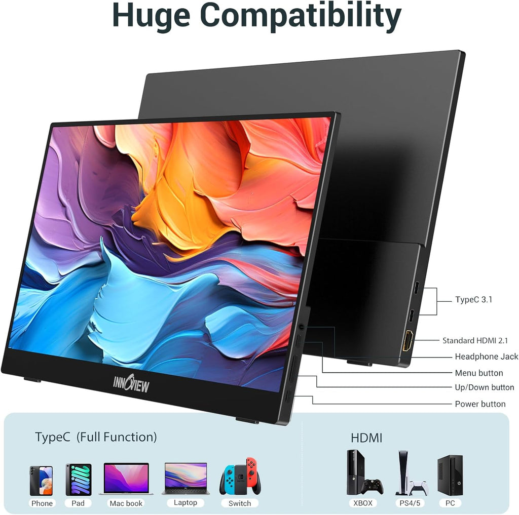 InnoView Portable Monitor, 15.6 Inch FHD 1080P HDMI USB C Second External Monitor for Laptop, Desktop, MacBook, Phones, Tablet, PS5/4, Xbox, Switch