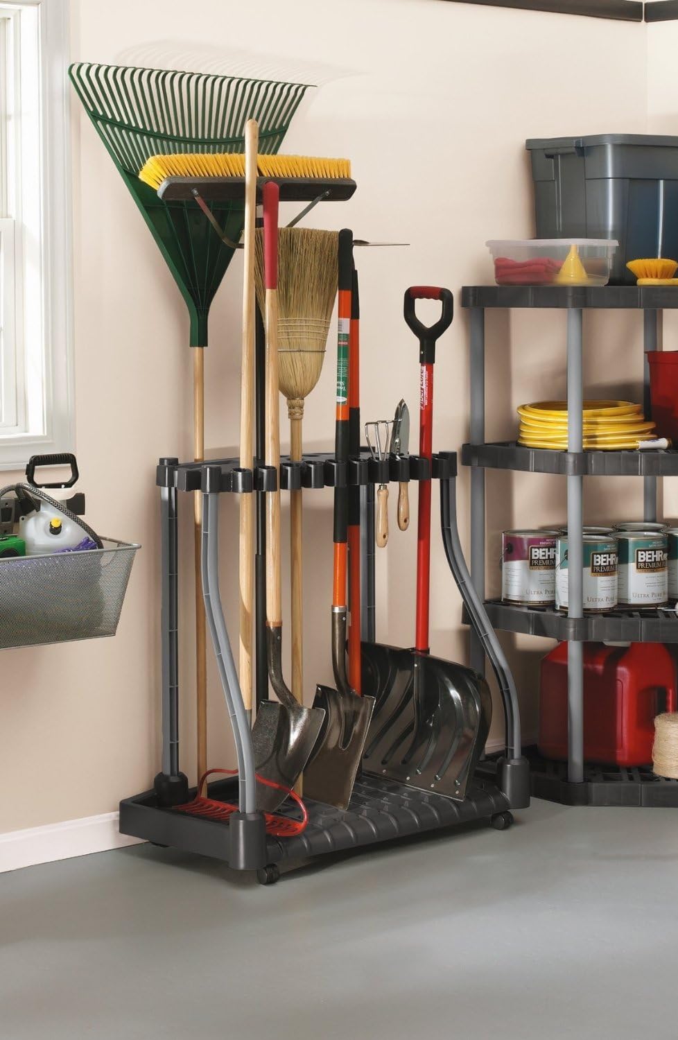 Rubbermaid Garage Tool Tower Rack Easy to Assemble Wheeled Organizes up to 40 Long-Handled Tools/Rakes/Brooms/Shovels in Home/House/Outdoor/Shed Black