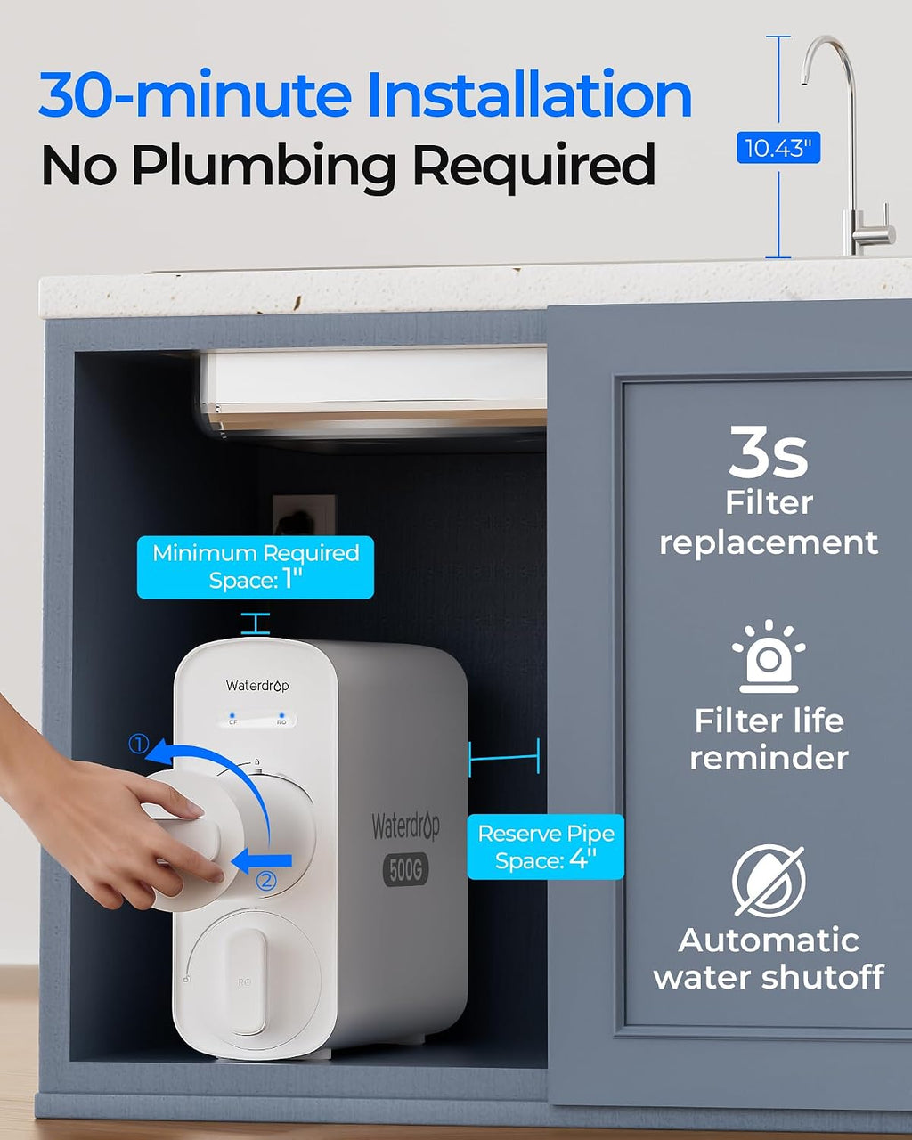 Waterdrop G5P500A Reverse Osmosis System, 8-Stage RO Filtration, Alkaline