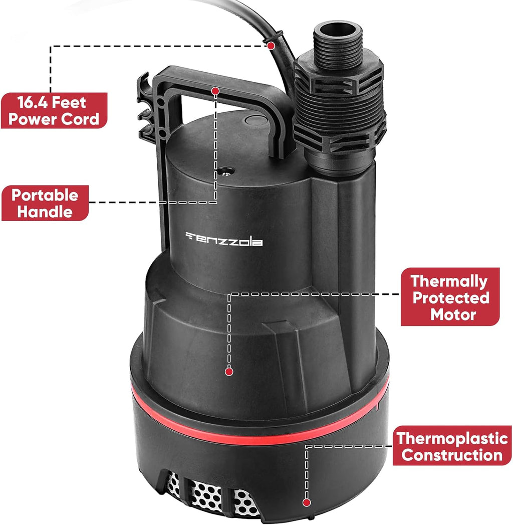 Sump Pump Submersible Utility Water Pump Thermoplastic Portable Electric Water Removal Transfer Pump with 16.4FT Cord for Swimming Pool Basement