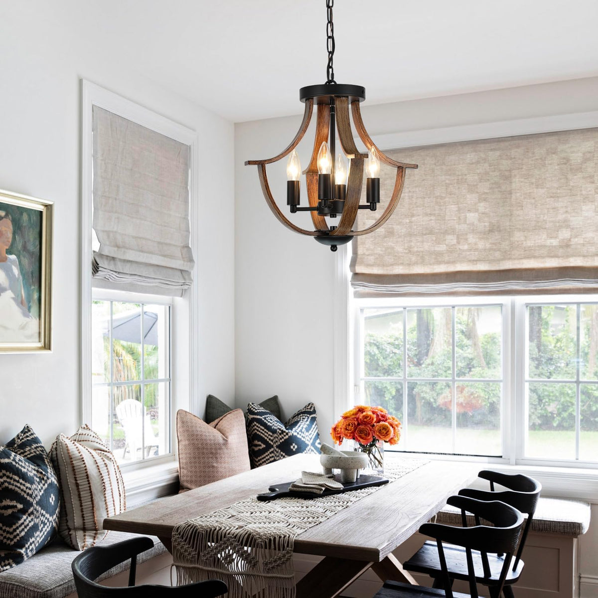 Farmhouse Hanging Pendant Lighting, 4-Light Rustic Flush Mount Ceiling Light Fixture,Modern Faux Wood Vintage Chandelier for Dining Room Kitchen