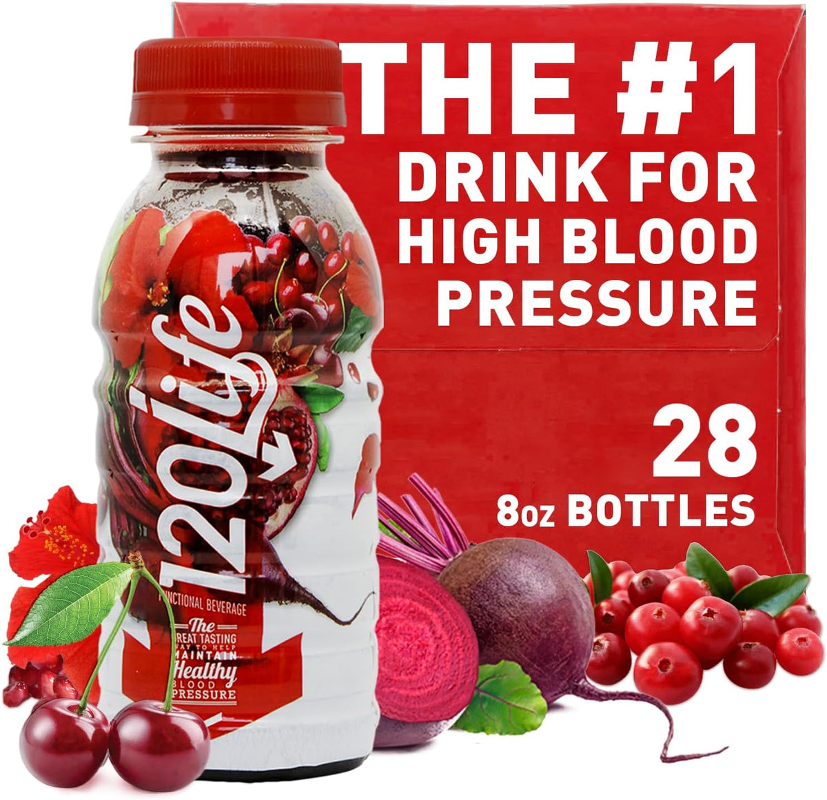 120/Life Blood Pressure Support, Beet Root Juice, Pomegranate Extract, Cranberry Juice, Tart Cherry, Hibiscus, and Magnesium (8 Fl Oz, Pack of 28)