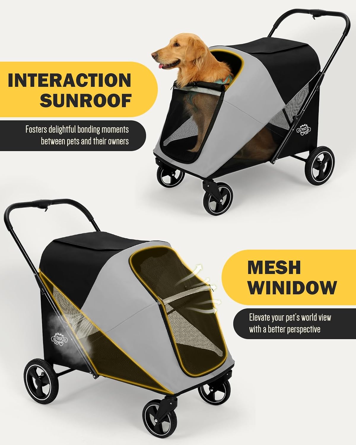 Dog Stroller for Large & Medium Dogs, 4 Wheels Pet Stroller for Large Dogs up to 120lbs, Extra Large Dog Stroller with Foldable Design, Sun Shades