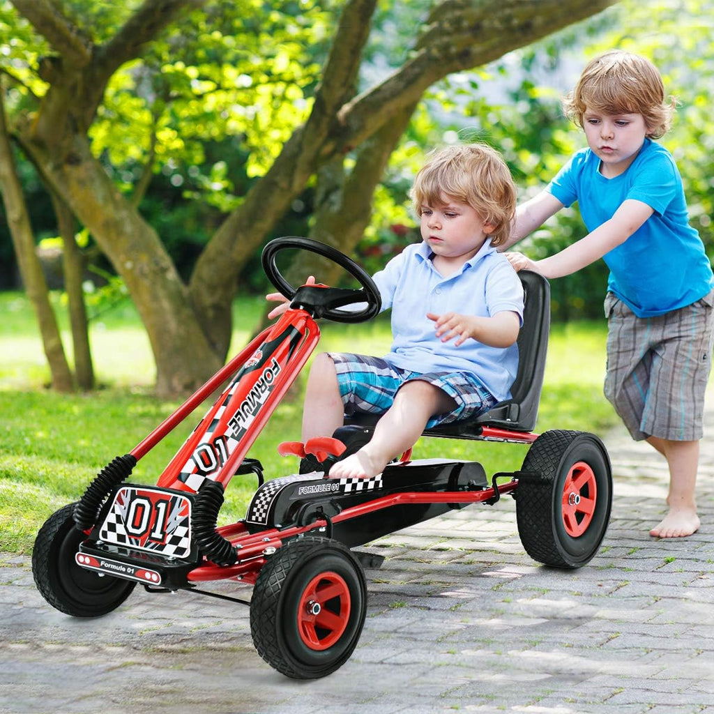 HONEY JOY Go Kart for Kids, 4 Wheel Quad Off-Road Pedal On Foot Go Cart w/Steering Wheels & Adjustable Seat, 2 Safety Brakes, EVA Tires, Clutch