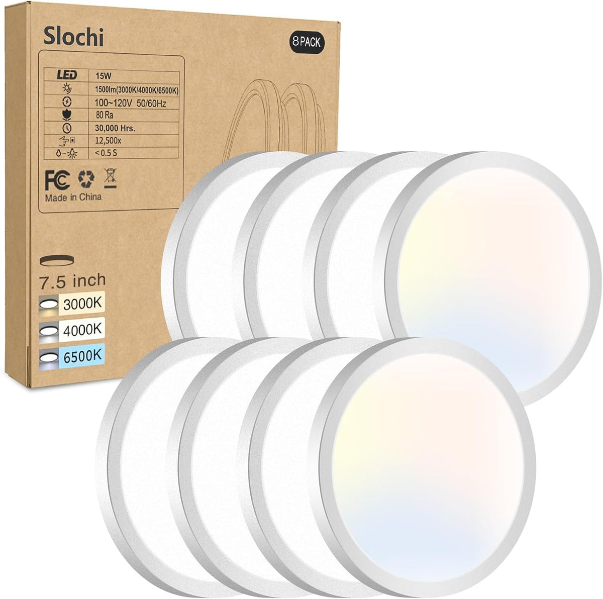 8PACK LED Flush Mount Ceiling Light Fixture, 3000K-4000K-6500K & 100W Equivalent Modern Kitchen Recessed Ceiling Lamp 15W 1500Lm 7.5 Inch Closet