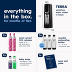 SodaStream TERRA Sparkling Water Maker, Value Bundle, CQC CO2 System, Includes 2 Quick Connect 60L CO2 Cylinders, 3 Dishwasher Safe BPA Free Bottles