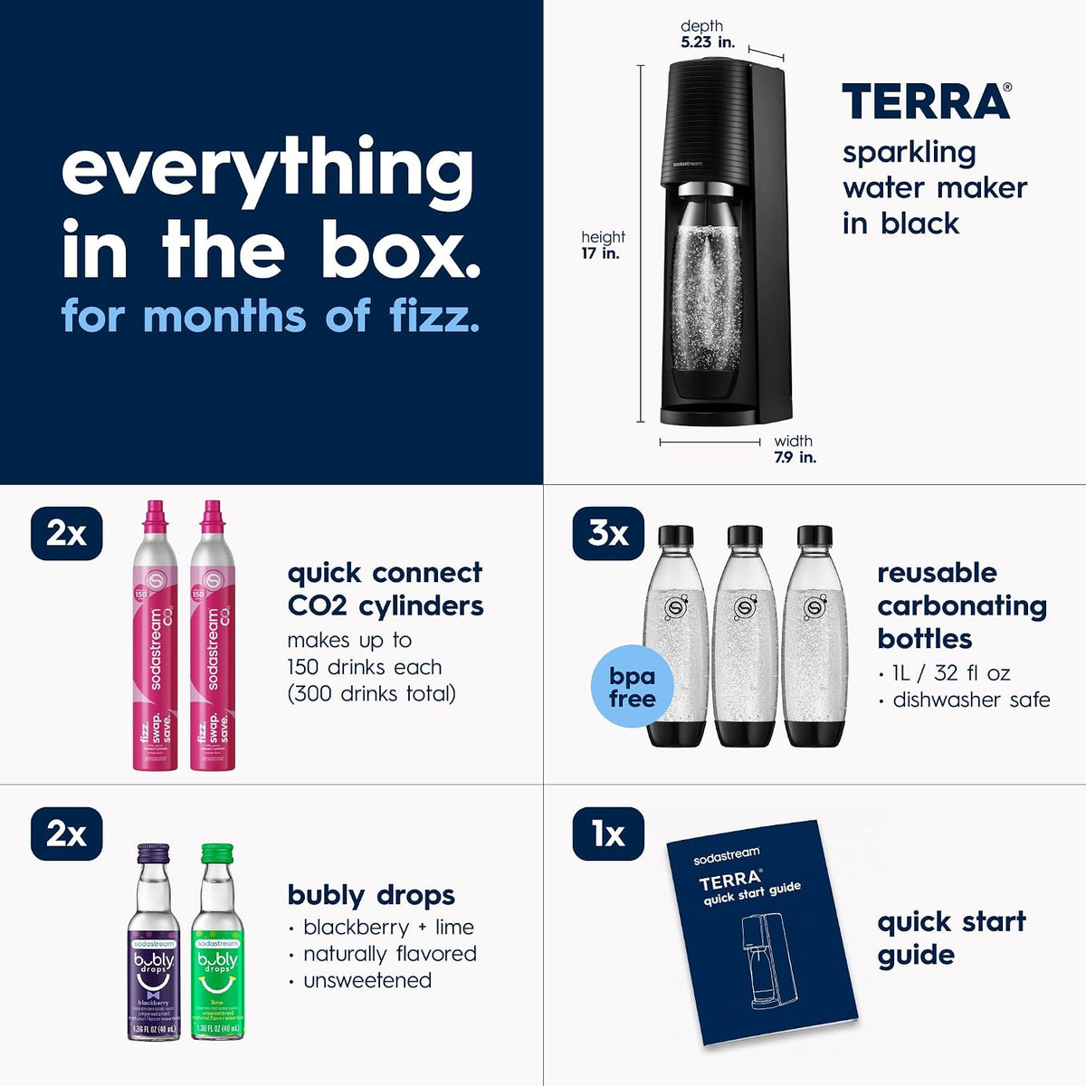 SodaStream TERRA Sparkling Water Maker, Value Bundle, CQC CO2 System, Includes 2 Quick Connect 60L CO2 Cylinders, 3 Dishwasher Safe BPA Free Bottles
