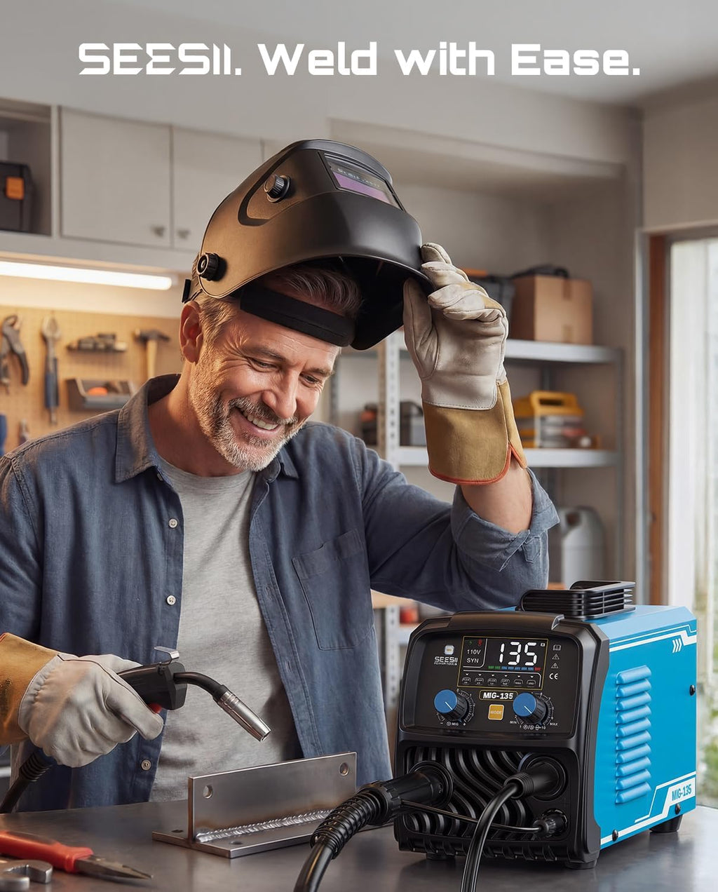 SEESII 135A MIG Welder 110V - 3-in-1 Gasless Flux Core/Lift TIG/Stick Welding Machine, 7.7lbs Portable IGBT Inverter, Large Digital Display Multi