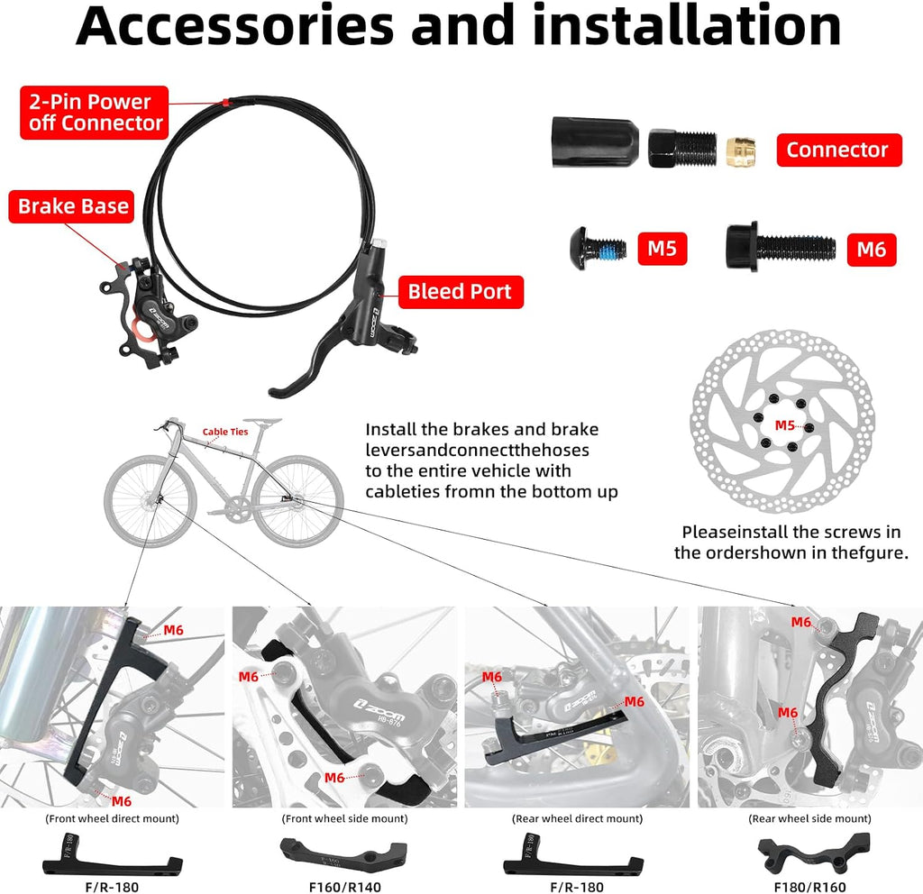 Z00M HB876E 2-PIN 4-Pistons E-Bike Electric Power-Off Hydraulic Brake Set, Pre-Bled with Mineral Oil Brakes Kit for eBike, Mountain Bike, Road Bike