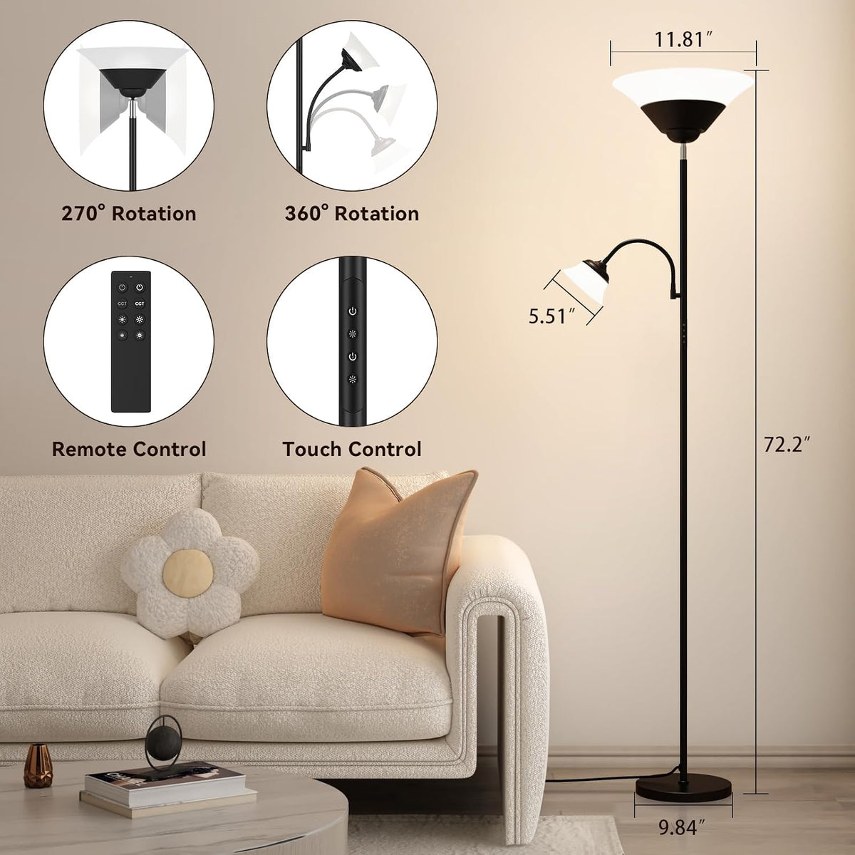 2-in-1 Torchiere Floor Lamp, 34W Super Bright LED Standing Lamp with Remote & Touch Control, 72" Dimmable Adjustable Corner Reading Lamp for Living