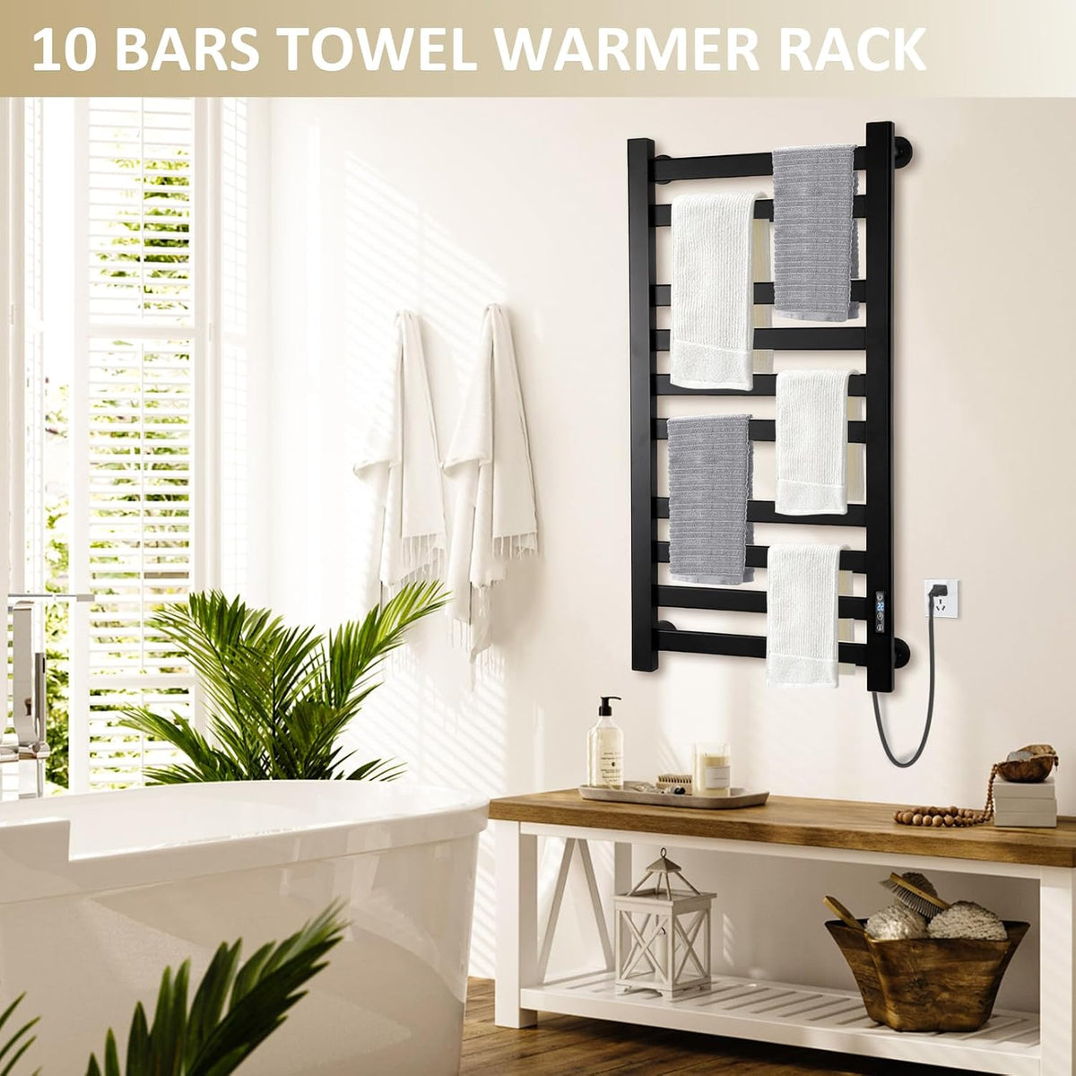 Heated Towel Rack Timer & Multi-Level Temp Adjustment Black