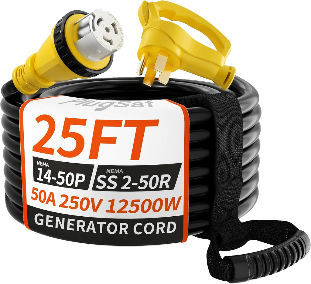 PlugSaf 50 Amp Generator Cord, 25FT 50 Amp RV Extension Cord 14-50P/SS2-50R