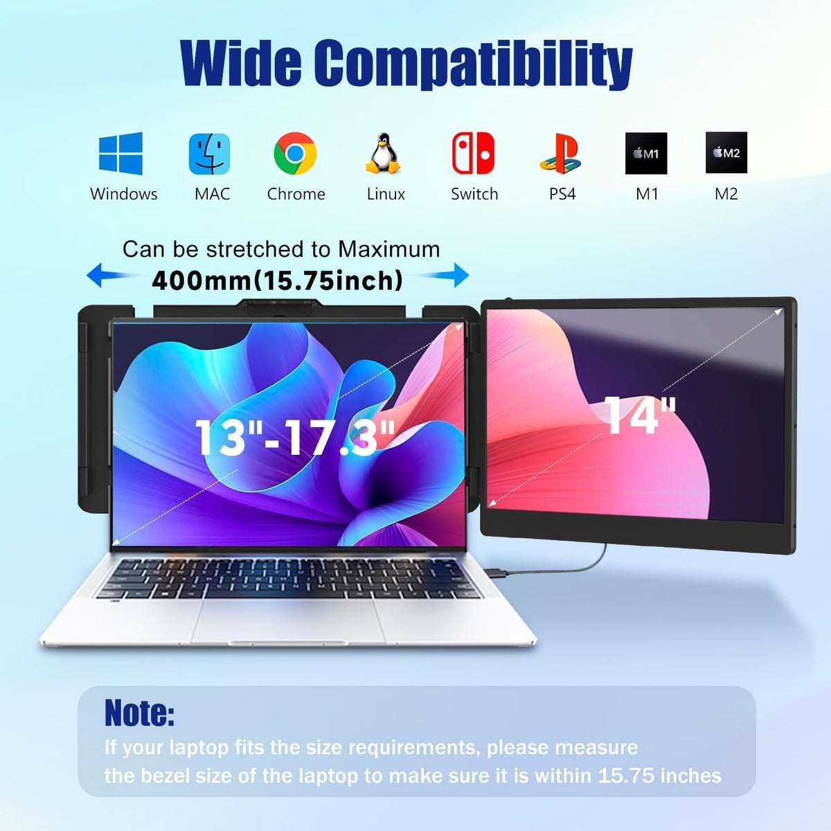 KEFEYA Laptop Screen Extender, 14" FHD 1080P IPS Laptop Monitor Extender Dual Screen, Portable Monitor for Laptops 13-17" with USB-C/HDMI Port, Plug