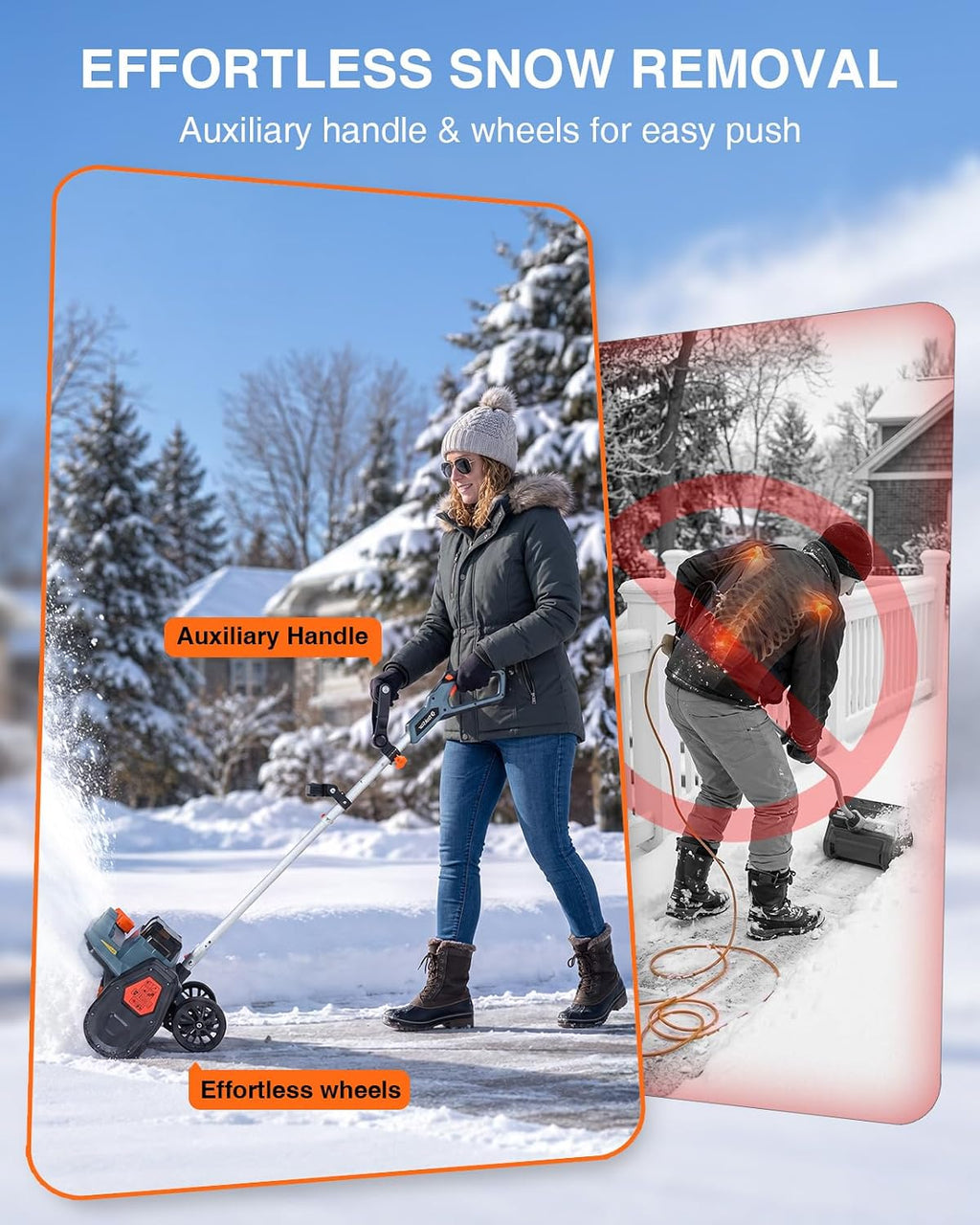 40V Electric Snow Shovel, 16 Inch Brushless Cordless Snow Blower with Wheel