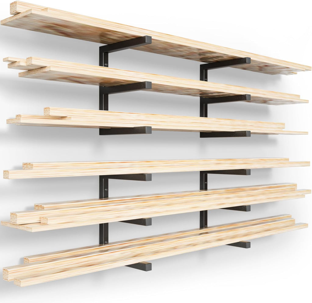 Wood Organizer and Lumber Storage Rack Wall Mount, Heavy Duty Metal Shelf with 6-Level Holds Up 1200 LBS, Indoor & Outdoor Use - Black