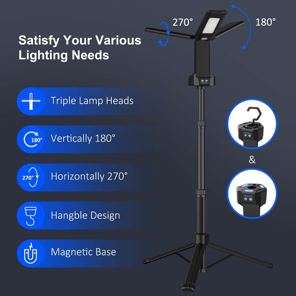 Rechargeable LED Work Light with Stand, Aluminum 67" Portable Cordless Work Light, 8AH Battery, 500/1500/2500 Lumen, 4000/6500K Dimmable Camping